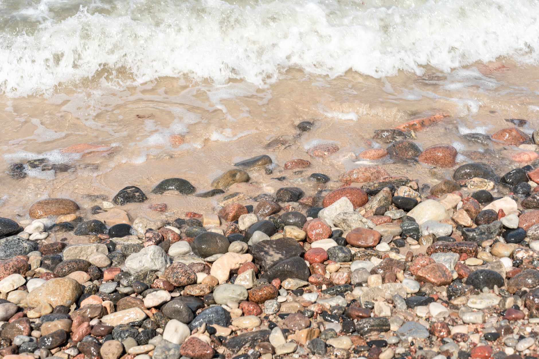 Vibrant pebble-strewn beach with gentle waves on the Baltic coast.