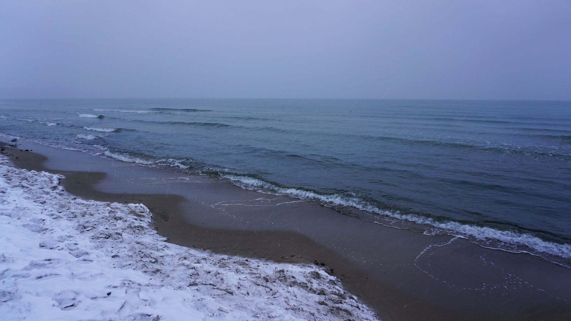 Serene snowy beach with gentle waves in Sopot, under a calm winter sky.