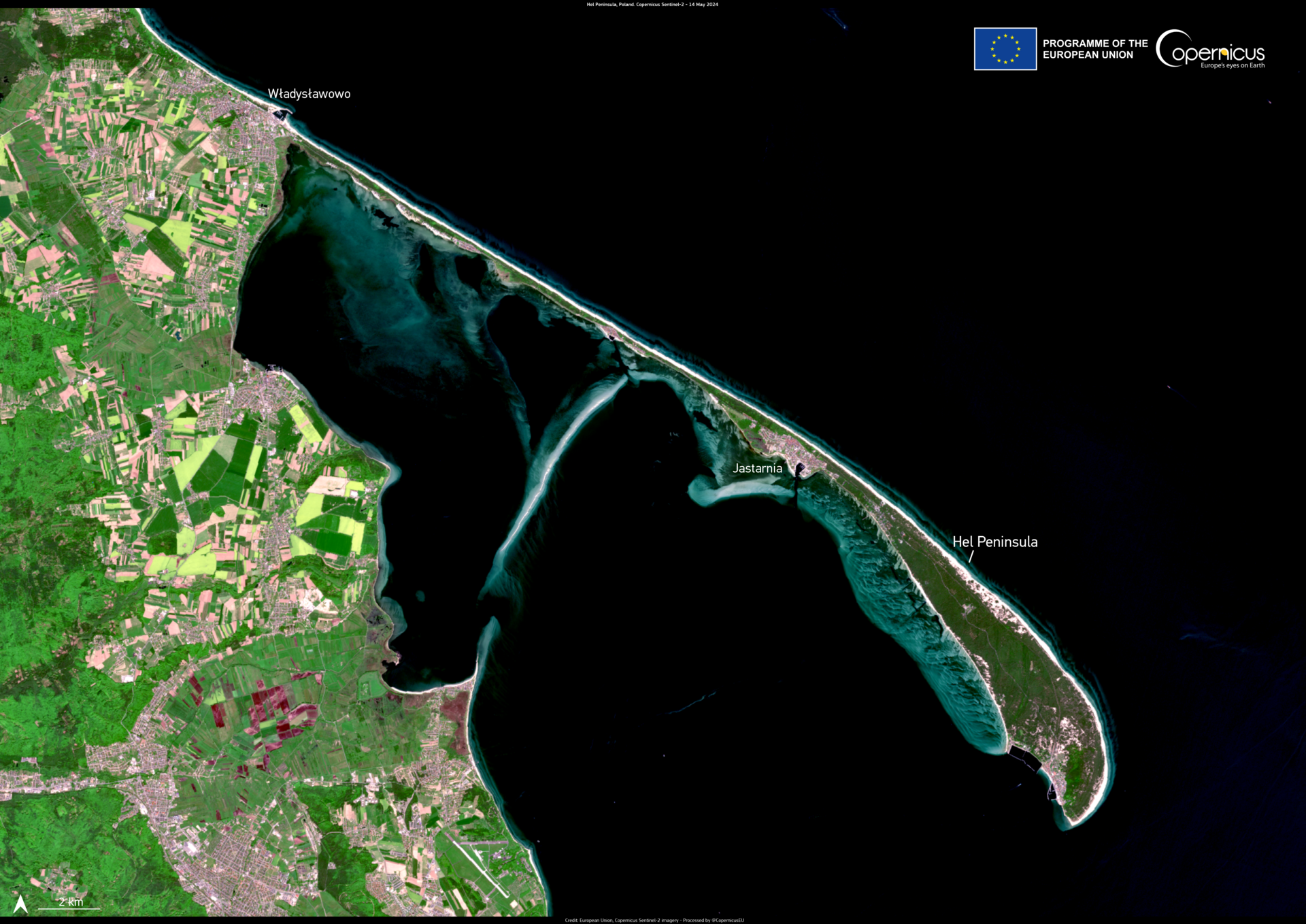 On the northern coast of Poland lies the Hel Peninsula, a 35-kilometre-long sand bar extending into the Baltic Sea, which is visible in this