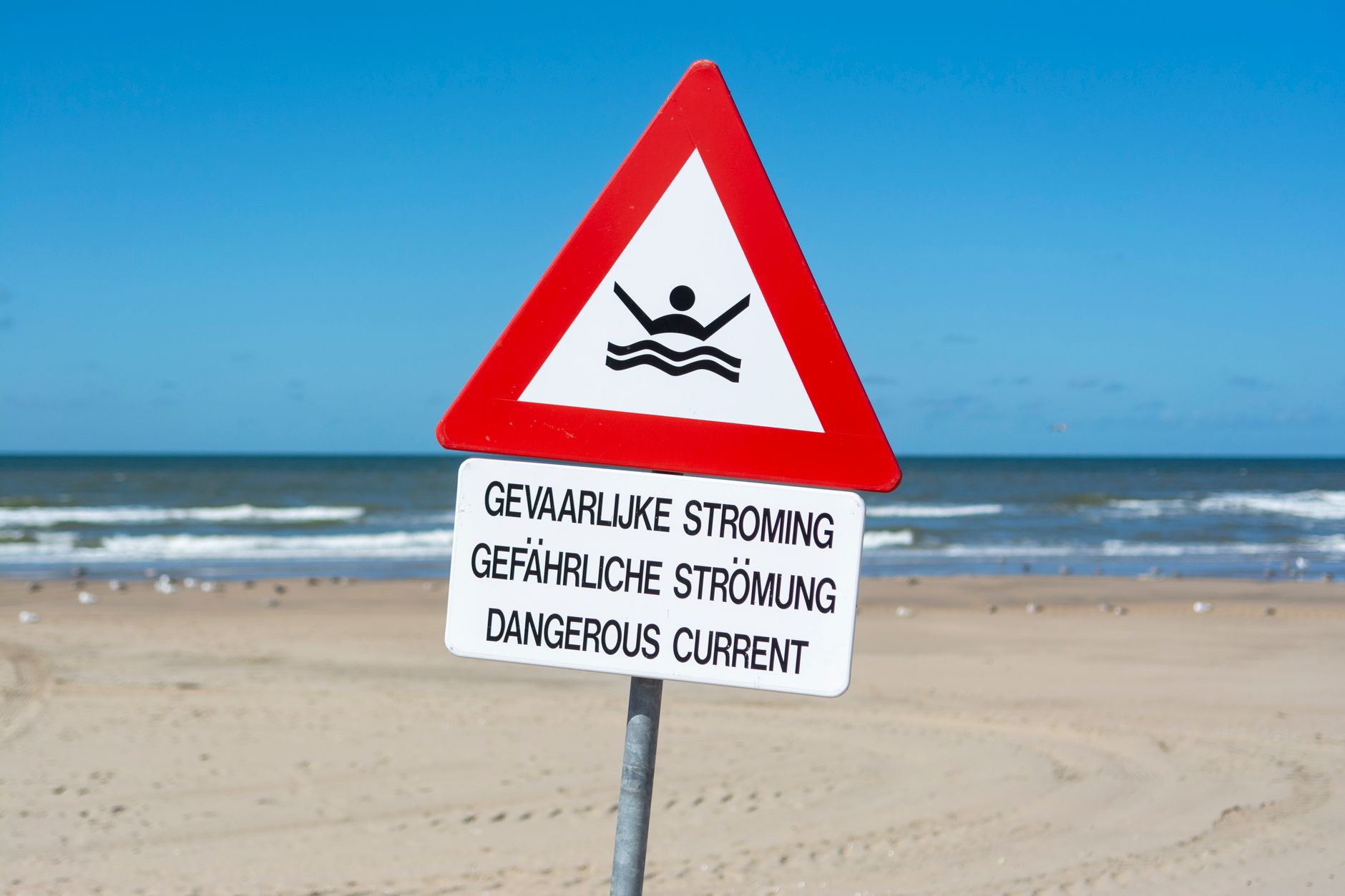 Triangular warning sign on a beach indicating dangerous ocean currents in multiple languages.
