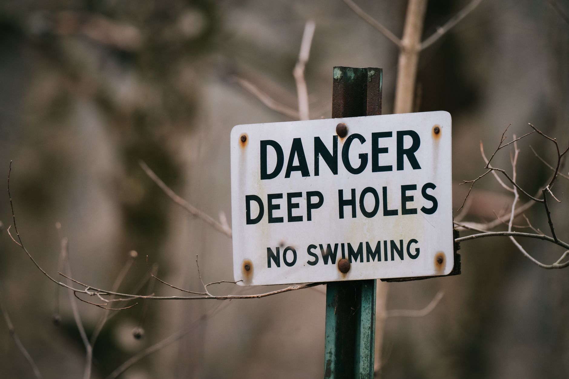 Close-up of a warning sign against swimming due to deep holes, surrounded by dry branches.