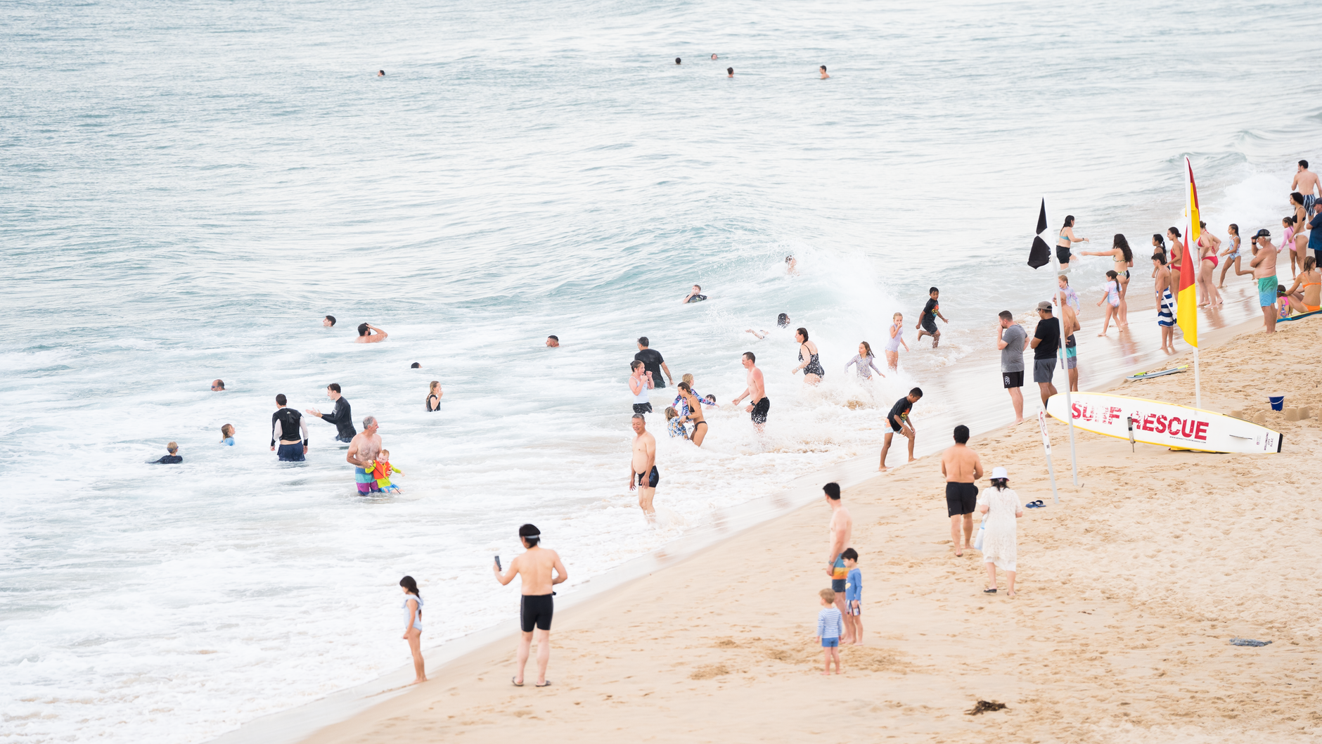 Crowds enjoy the sunny beach at Wollongong, Australia, with surf rescue flags visible.