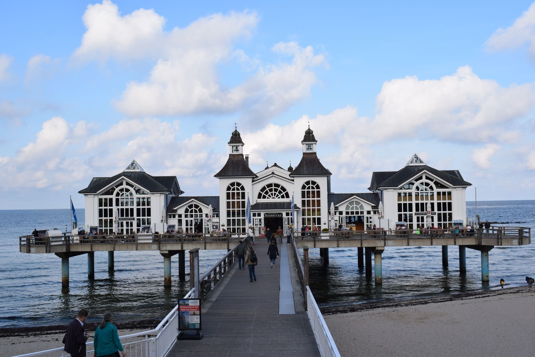 Idyllic view of Sellin Pier on Rügen Island, Germany, showcasing its iconic architecture over the Baltic Sea.