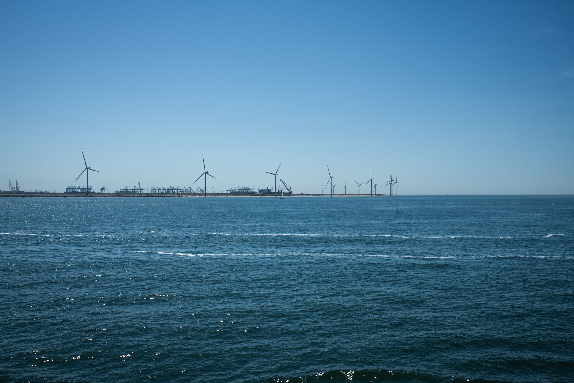Wide view of an offshore wind farm against a clear blue sky and calm sea.