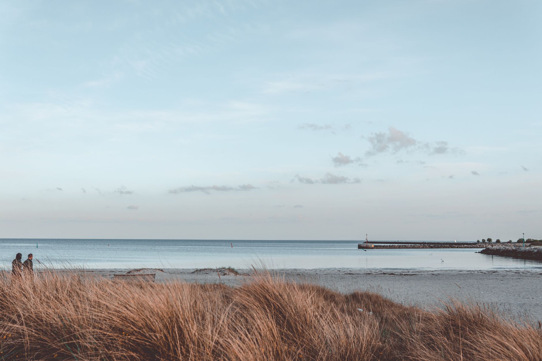 Picturesque view of sea with horizon line near sandy shore and dry grass under cloudy sky