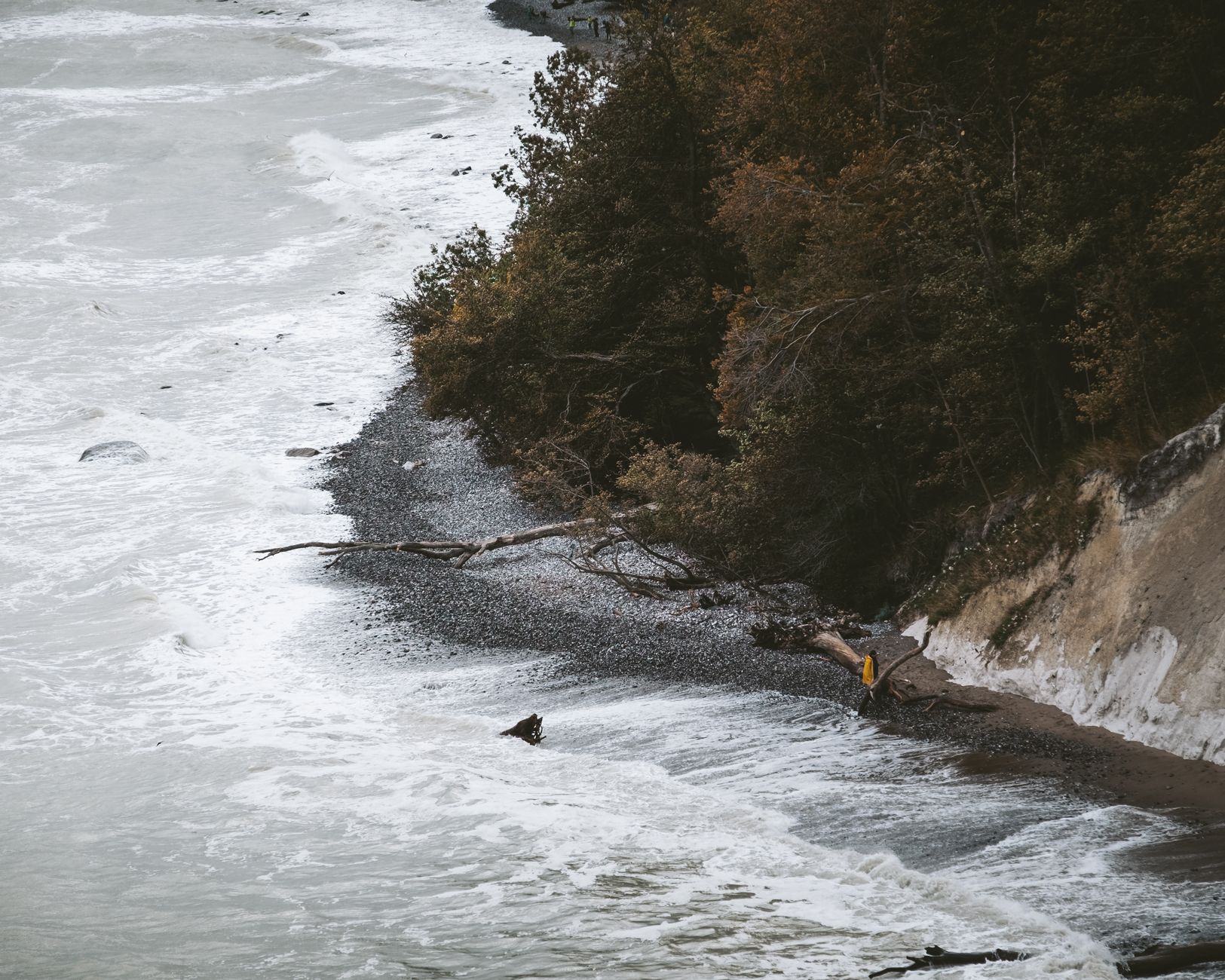 Picturesque view of a rocky coastline with autumn trees and waves in Mecklenburg-Vorpommern, Germany.